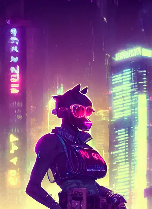 Image similar to beautiful portrait commission of a female furry anthro mountain lion wearing a bullet proof vest and cargo pants. Cyberpunk city at night in the rain. Neon light. Atmospheric. Character design by charlie bowater, ross tran, artgerm, and makoto shinkai, detailed, inked, western comic book art