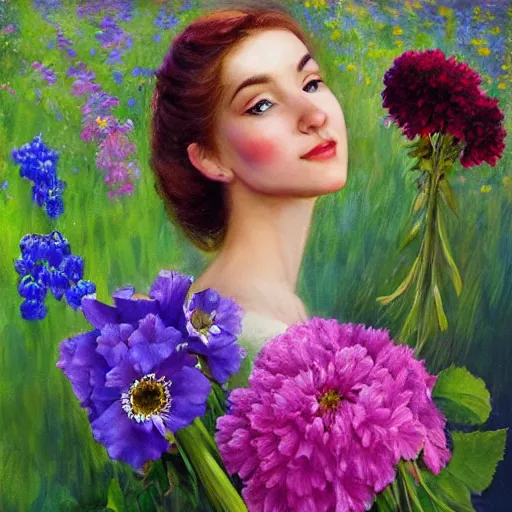 Image similar to a portrait of a romantic woman with flowers grow out of hair, roses peonies forget-me-nots dahlias lupins gladioli, sky theme in background, by Alexandr Averin, Digital Art, Trending on artstation