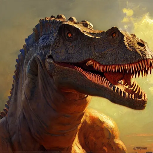 Image similar to a portrait of denver the last dinosaur. highly detailed painting by gaston bussiere, craig mullins, j. c. leyendecker, furry