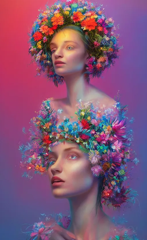 Image similar to a beautiful oil painting hyperrealism of a beautiful woman, flowers, floral headdress, 8 k resolution, octane render, trending on artstation, by gediminas pranckevicius, volumetric light 2 blue fractal thunder glow by dan mumford, anaglyph effect, laurie lipton