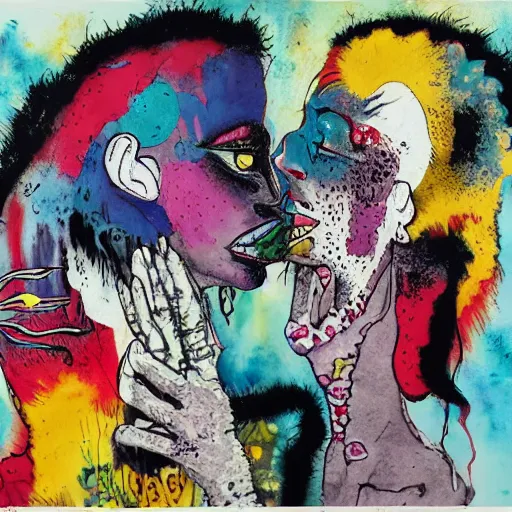 Image similar to watercolor painting of two bizarre psychedelic goth women kissing each other closeup in a aquarium in japan, speculative evolution, mixed media collage by basquiat and jackson pollock, maximalist magazine collage art, sapphic art, lesbian art, chemically damaged