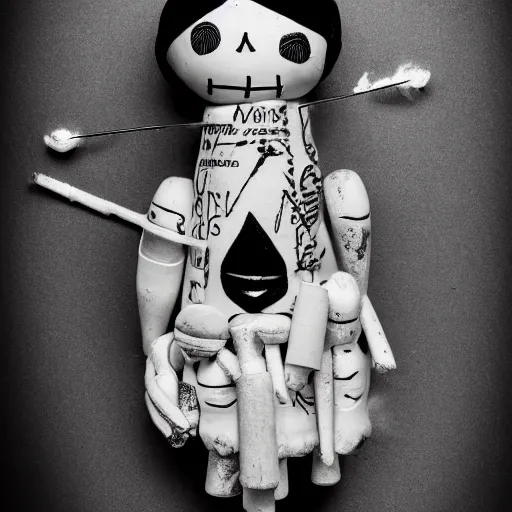 Image similar to a living large voodoo doll with needles, black and white photo, 4k, realistic, real photography, hyperreal