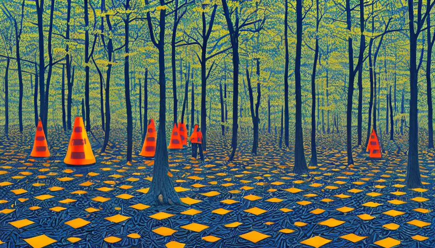 Image similar to safety cones scattered around an oak tree forest, checkered forest floor, by james jean by ilya kuvshinov kintsugi, hyper detailed surrealist painting