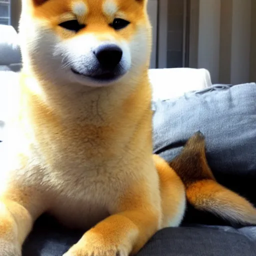 Prompt: doge the shiba - inu as a metallic cyborg, in a sunny suburban living - room.