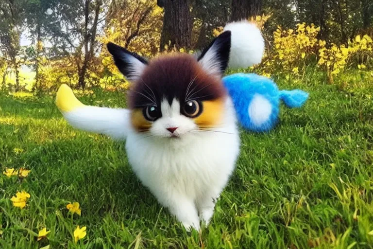 Image similar to real life pokemon, cute!!!, adorable!!!, fluffy!!!, happy!!!, cheeky!!!, mischievous!!!, ultra realistic!!!, spring time, clear weather, golden hour, sharp focus