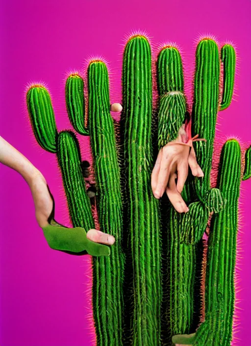 Prompt: extremely detailed studio portrait of hands holding cactuses. surreal photograph, lo - fi, polished look, solid background, silly and serious, hermes ad, fashion photography, toiletpaper magazine by pierpaolo ferrari and maurizio cattelan, 3 5 mm photograph, colourful, david lachapelle, canon eos c 3 0 0, 8 k, medium - format print