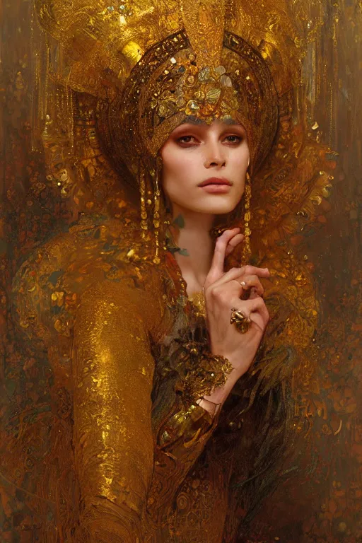 Image similar to an intricate artistic klimt golden motives and textures, hyper detailed, ornamental gold headpiece, octane render, vivid colors, artstation, by jeremy mann, by alphonse mucha, by boris vallejo