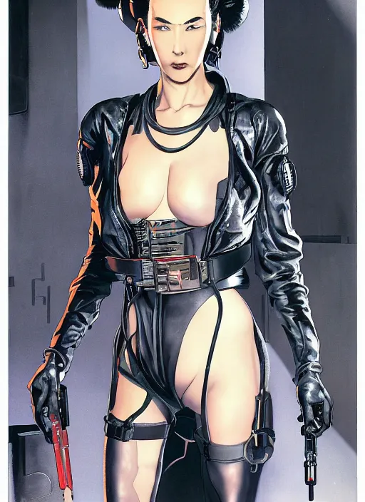 Image similar to selina tanaka. cyberpunk geisha in tactical harness and jumpsuit. dystopian. portrait by stonehouse and mœbius and will eisner and gil elvgren and pixar. realistic proportions. cyberpunk 2 0 7 7, apex, blade runner 2 0 4 9 concept art. cel shading. attractive face. thick lines. moody industrial landscape.