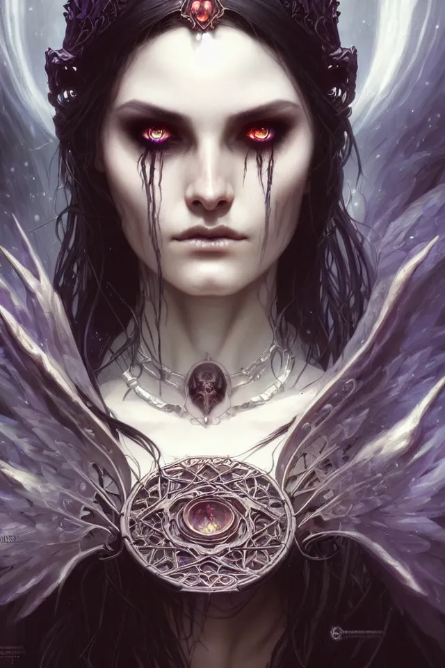 Image similar to Necromancer Sorceress face close-up macro in center, fantasy magic, undercut hairstyle, dark light night, intricate, elegant, sharp focus, illustration, highly detailed, digital painting, concept art, matte, art by WLOP and Artgerm and Greg Rutkowski and Alphonse Mucha, masterpiece