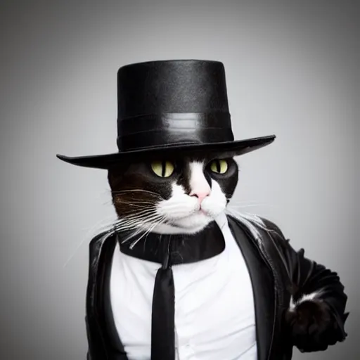 Prompt: a cat gentleman wearing a black leather hat, frontal view, cool looking