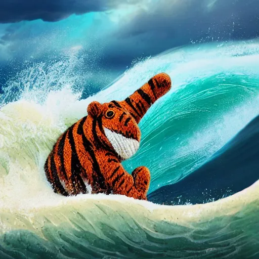 Image similar to a closeup photorealistic photograph of a cute knitted tiger hippopotamus riding an epic wave during sunset. well textured. surf in the background. professional capture. brightly lit scene. this 4 k hd image is trending on artstation, featured on behance, well - rendered, extra crisp, features intricate detail, epic composition and the style of unreal engine.