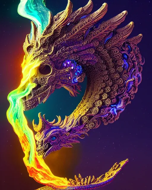 Image similar to 3 d ornate carved dark cosmic horse with profile portrait, sigma 5 0 0 mm f / 5. beautiful intricate highly detailed quetzalcoatl skull. bioluminescent, plasma, lava, ice, water, wind, creature, thunderstorm! artwork by tooth wu and wlop and beeple and greg rutkowski, 8 k trending on artstation