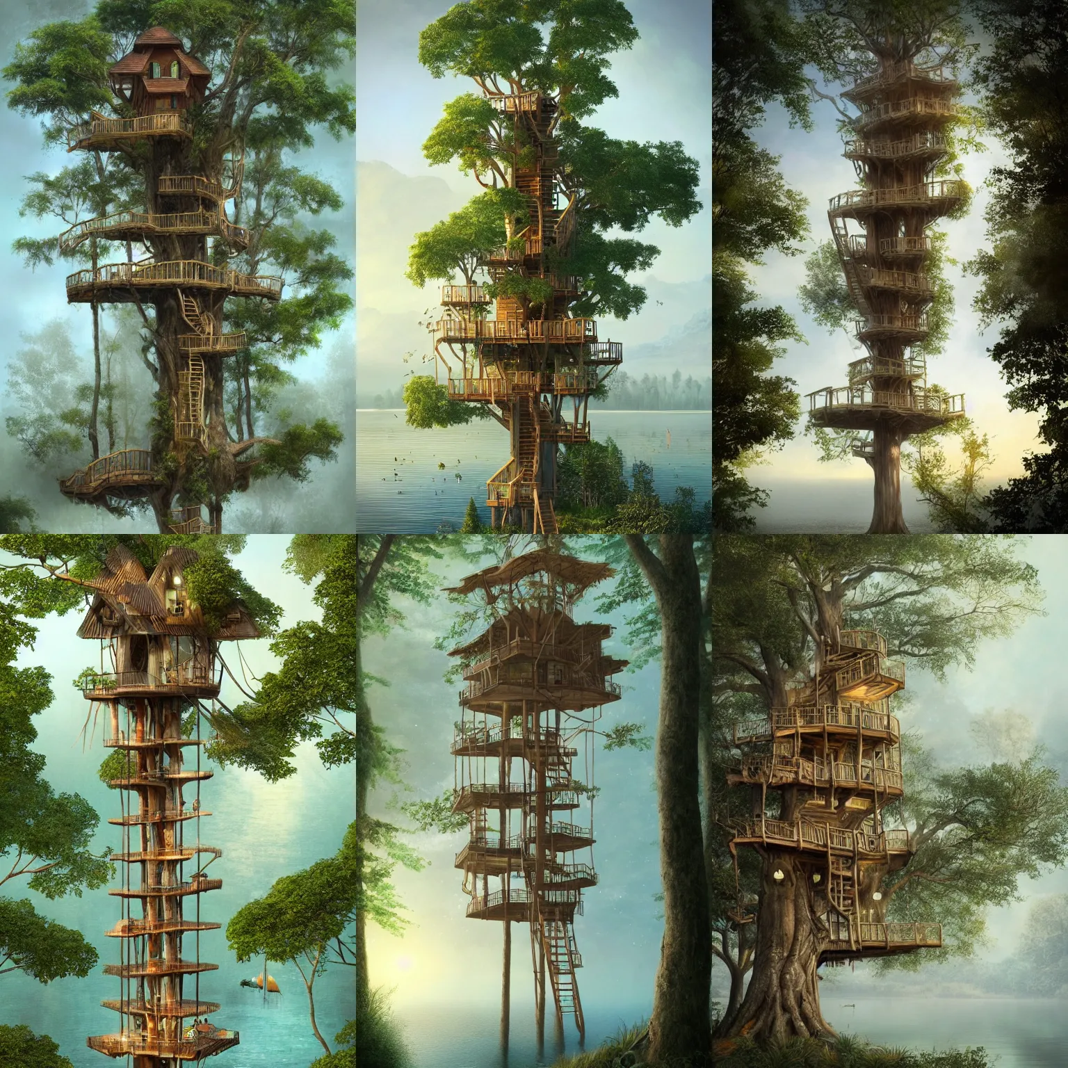 Prompt: tallest treehouse in the world on an island in the middle of the lake, misty, trending on art station, soft light, detailed and intricate environment