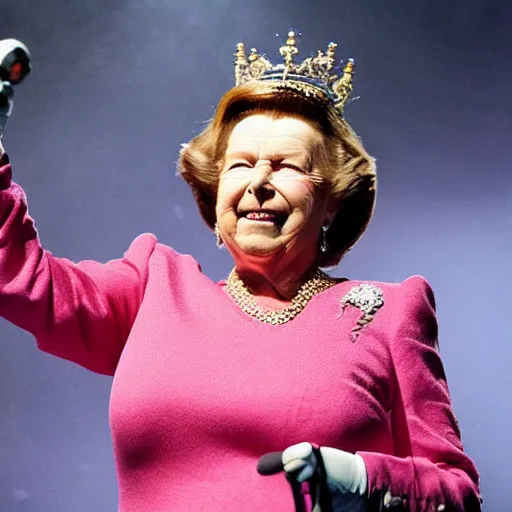 Prompt: queen beatrix performing on her yeezus tour