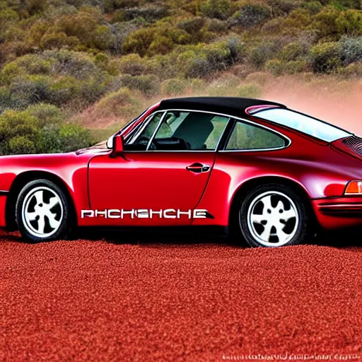 Image similar to porsche 9 1 1, beautiful australian beach, red sand, waves. dust. stars