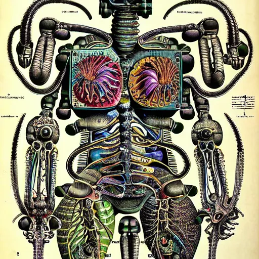 Image similar to robot anatomy by ernst haeckel, masterpiece, vivid, very detailed