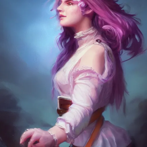 Prompt: portrait painting of a 2 8 years old rugged woman joyful flirtatious pirate long hair soft hair flowing hair upper body coat elegant rugged pretty unreal render cinematic lighting art 1 9 2 0 period drama by bussiere rutkowski andreas rocha, colors pink purple green blue