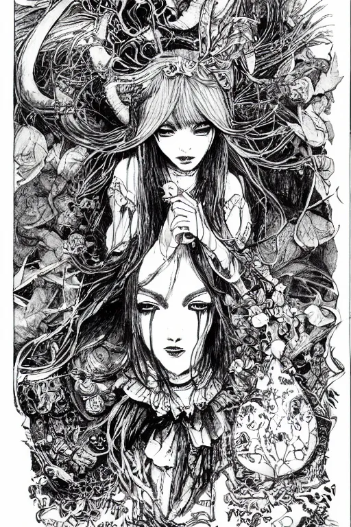 Image similar to Emo Alice in wonderland tarot card , pen and ink, intricate line drawings, by Yoshitaka Amano, Ruan Jia, Kentaro Miura, Artgerm, watercolor