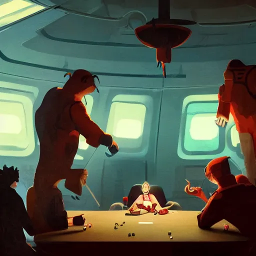 Prompt: people playing cards at the table inside a space base , artwork by Sergey Kolesov, detailed, dynamic, cinematic composition