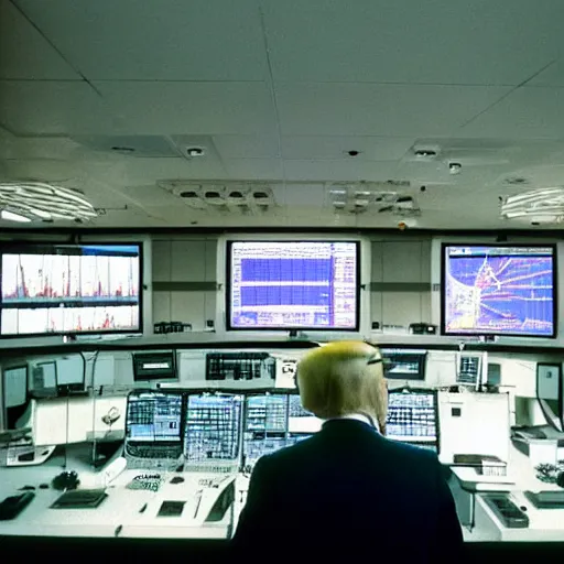 Image similar to Donald Trump as Homar Simpson sat at the controls of a Nuclear power plant control centre, screaming, angry, with his hands on the controls, 4k, high quality photograph