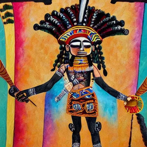 Image similar to detailed painting of a mayan warrior with a crossbow detail intricate exquisite colorful