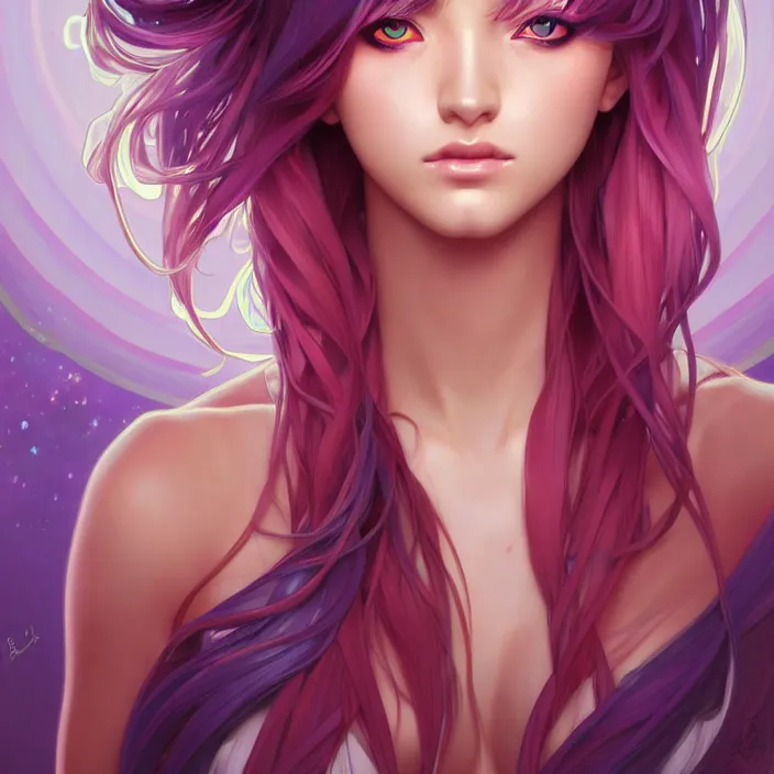 Image similar to full body portrait, a beautiful symmetrical gorgeous anime girl, rainbow hair, attractive, casual, modern, victoria's secret, highly detailed, digital painting, artstation, concept art, smooth, sharp focus, illustration, art by artgerm, greg rutkowski and alphonse mucha, 8 k,