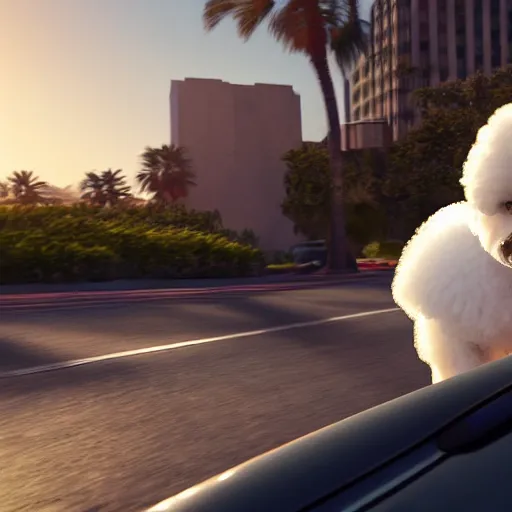 Prompt: a photorealistic image of bichon frise riding in the back on an Uber through Hollywood at sundown. This 4K HD image is Trending on Artstation, featured on Behance, well-rendered, extra crisp, features intricate detail and the style of Unreal Engine.