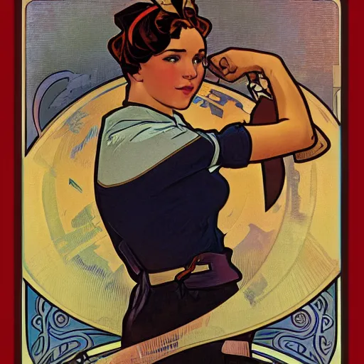 Image similar to a portrait of Rosie the riveter by Alphonse Mucha, art nouveau card, concept art, wlop, trending on artstation, 8k