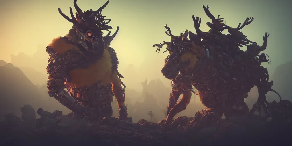 Image similar to woodsman wearing a steampunk and neonpunk mechanical fluorescent mystical animal mask in strange misty mountain landscape. fight with night monsters, night, realism in style of fornite game, 4 k, octane render, artwork by tooth wu and wlop and beeple and greg rutkowski, ambient occlusion, award winning photograph, epic cinematic shot