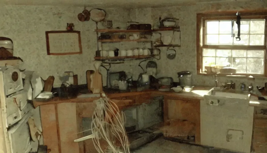 Image similar to a boa in a stalinist style kitchen, by mini dv camera, very very low quality, heavy grain, very blurry, accidental flash, webcam footage, found footage, security cam, caught on trail cam