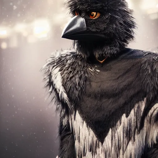 Prompt: Crow Fur-suit at furry convention, photo, center composition, Estrel Hotel, hyperrealistic, beautiful detailed intricate insanely detailed octane render trending on Artstation, trending on DeviantArt, 8K artistic photography, photorealistic, dramatic volumetric cinematic perfect light, award-winning photograph, masterpiece,