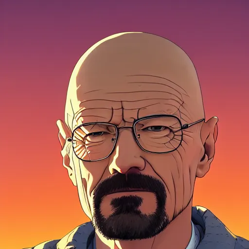 Image similar to ⁠portrait of Walter White, New Mexican desert background, rich vivid colors, ambient lighting, dynamic lighting, 4k, HQ, official media, anime key visual, makoto shinkai, ilya kuvshinov, lois van baarle, rossdraws, detailed, trending on artstation