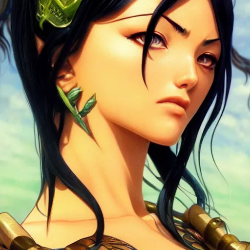 Image similar to highly detailed vfx portrait of nico robin by eiichiro oda!, yusuke murata, greg rutkowski, makoto shinkai, tom bagshaw, alphonse mucha, sharp focus, art by artgerm and stanley kubrick, backlit, harsh overhead sunlight,