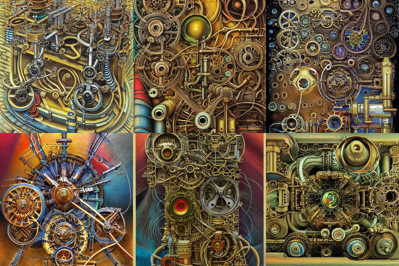 Prompt: a complicated water machine engine contraption with sprockets springs cranks cylinders hoses pistons, super detailed, high detail, hyper detailed, masterpiece, Beksinski, intricate abstract, detailed abstract, isometric, optical illusion, infinity, golden ratio, cubism, color pencil, full color, bright colors, vivid colors, hyper detailed, ultra high resolution, artstation, Created M.C. Escher and David Blaine