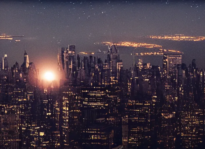 Image similar to film still of the moon shattering into pieces over manhatten in the new disaster movie, 8 k, night time