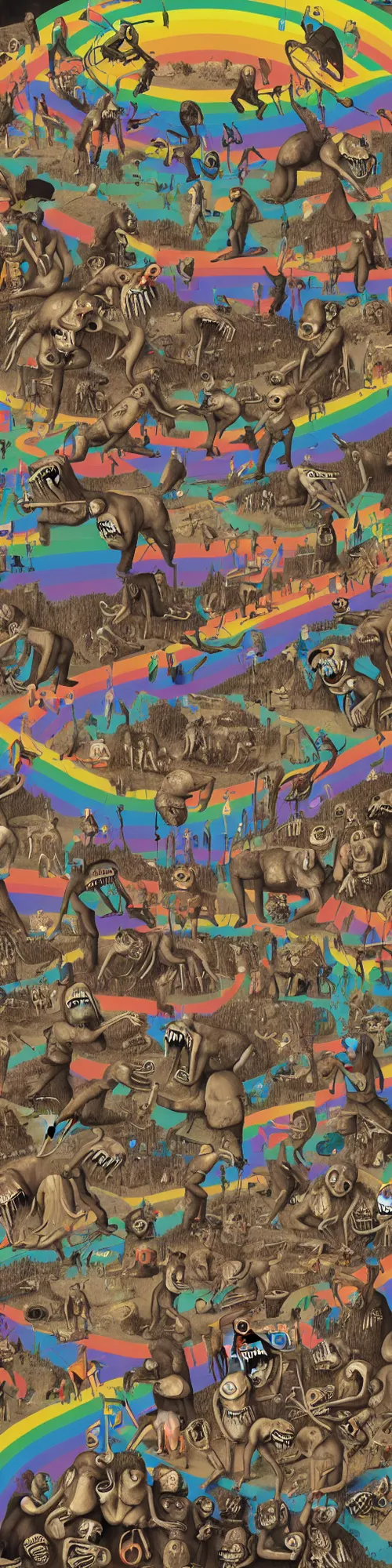 Prompt: epic mural of grizzly bear skeletons dancing, rainbow tubing, hieronymus bosch, victor moscoso, owsley, r crumb, clean outlines, shusei nagaoka, octane render