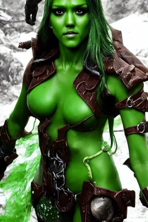 Prompt: jessica alba as a green - skinned verden from dnd, cosplay, photoshoot