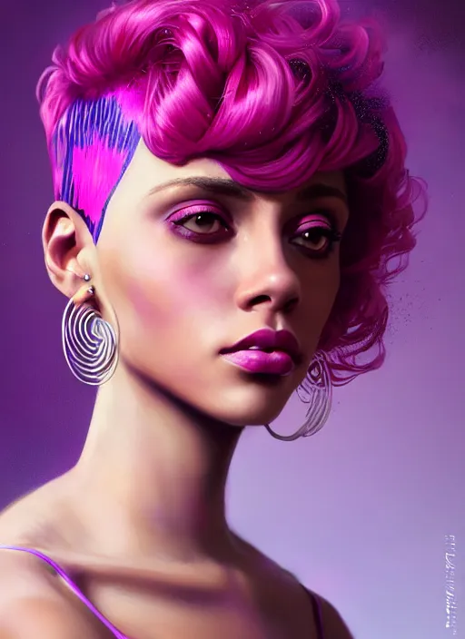 Image similar to portrait of vanessa morgan with bright pink hair, curly pixie cut hair, wearing a purple breton cap, breton cap, hoop earrings, intricate, elegant, glowing lights, highly detailed, digital painting, artstation, concept art, smooth, sharp focus, illustration, art by wlop, mars ravelo and greg rutkowski