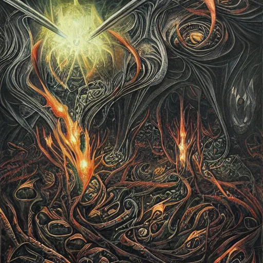 Prompt: abhorrent manifestation of the nexus of the black flame, Dan Seagrave art