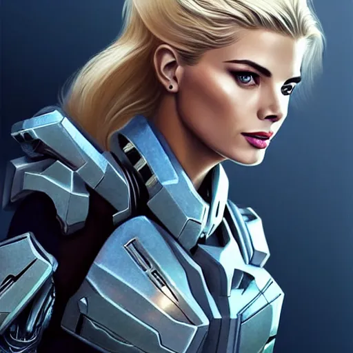Image similar to A combination of Adriana Dxim's and Grace Kelly's and Ashley Greene's appearances with blonde hair wearing Forerunner armor from Halo, high tech, action shot, angular, full body portrait, futuristic, dramatic, fantasy, intricate, elegant, highly detailed, artstation, matte, sharp focus, 8K, art by Artgerm and Greg Rutkowski and Alphonse Mucha