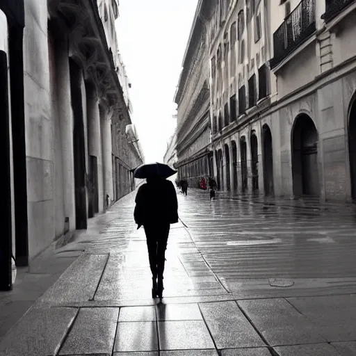 Image similar to fan takes photo of bella hadid walking alone through the streets of milan on a cloudy day, photorealistic, very detailed, dynamic light, samsung s 2 2 photo