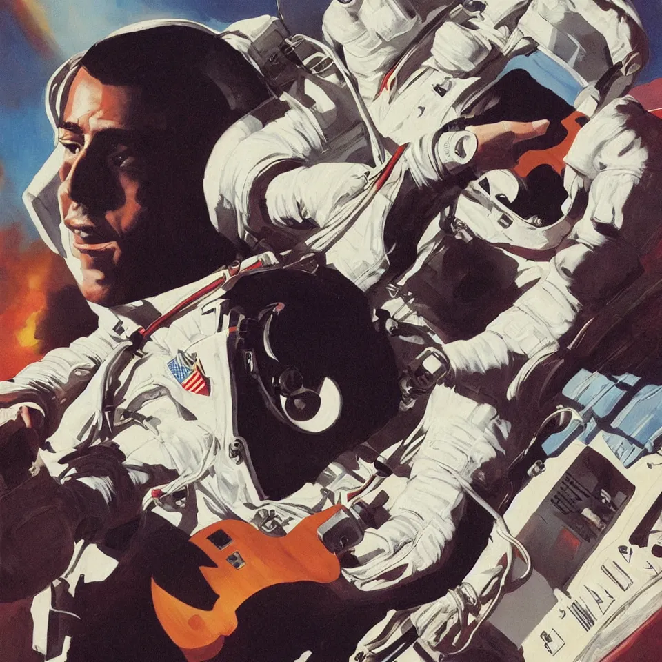 Prompt: astronaut with headphone playing keyboard, illustrated by alex ross