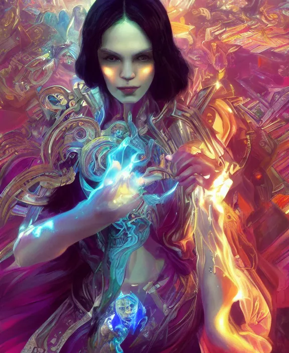 Image similar to a whirlwind of souls rushing inside the metaverse, half body, glowin eyes, tiara with sapphire, pharaoh, android, cyberpunk, d & d, fantasy, intricate, elegant, highly detailed, colorful, vivid color, digital painting, artstation, concept art, art by artgerm and greg rutkowski and alphonse mucha and ruan jia