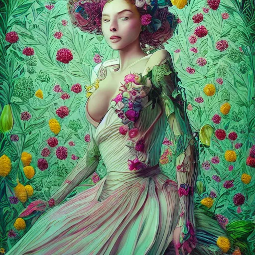 Prompt: the portrait of an absurdly beautiful, graceful, elegant, young woman made of fruits and green petals, an ultrafine hyperdetailed illustration by kim jung gi, irakli nadar, intricate linework, bright colors, octopath traveler, final fantasy, angular, unreal engine 5 highly rendered, global illumination, radiant light, detailed and intricate environment