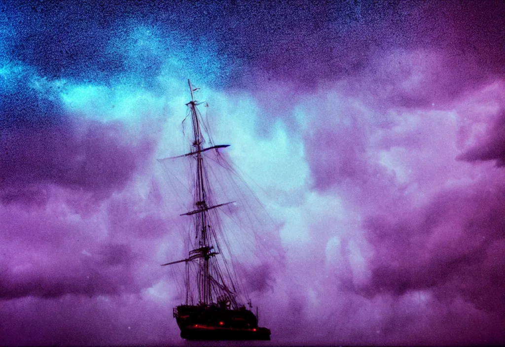 Image similar to purple color lighting storm with stormy sea,pirate ship firing its cannons with a water spout in the background. trippy nebula sky 50mm shot, fear and loathing movie