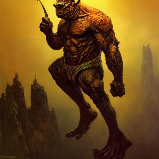 Prompt: beautiful realistic fantasy painting of a goblin with metal hurlant, by Frazetta and Beksinski, volumetric lighting, trending on art station, polarizer filter