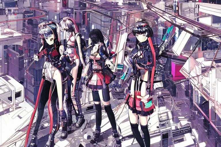 Image similar to a cyberpunk illustration of a group of four super-coherent female androids dressed in seifuku in style of masamune shirow, lying scattered across an empty, white floor with their bodies rotated in different poses and cables and wires coming out, by yukito kishiro and katsuhiro otomo, hyper-detailed, intricate, view from above, colorful