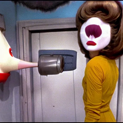 Image similar to 1974 woman on a television show with a long prosthetic snout nose, big nostrils, wearing a dress, 1974 French film color archival footage technicolor film expired film 16mm Fellini new wave John Waters Russ Meyer movie still