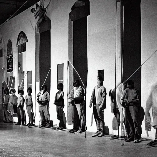 Image similar to prisoners hooked up to guillotines arranged as a spectator sport event, realistic photography, high detailed