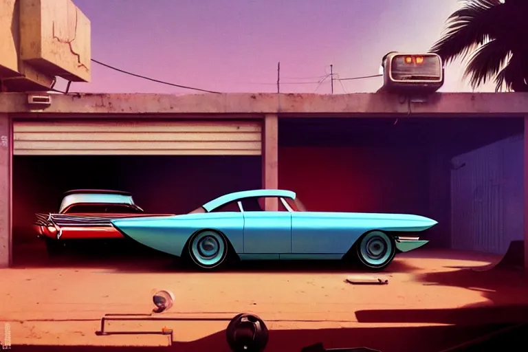 Image similar to a cinematic matte painting of a sleek 1 9 6 0 s vaporwave retro - futurism sci - fi car in a cluttered garage in mumbai. by eric lafforgue, glennray tutor and edward hopper, greg rutkowski. trending on artstation.